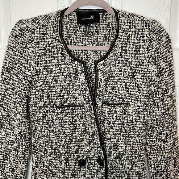 ISABEL Marant Black & White Tweed with Leather Trim Wool Blend Button Jacket 0 - Picture 2 of 7